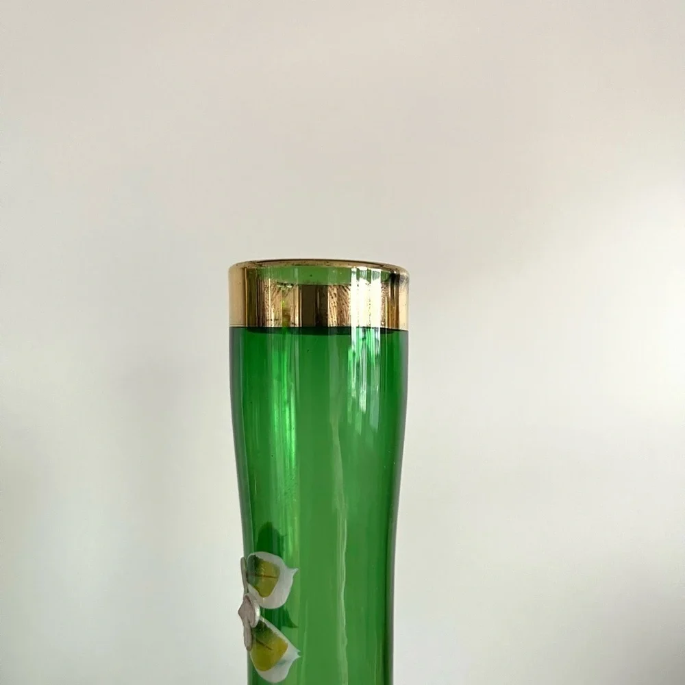 Vintage Bohemian Czech emerald green glass vases set of 2